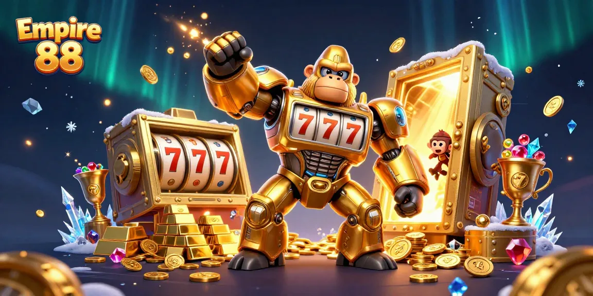 Win big with Empire 88 in this vibrant casino-inspired 3D illustration showcasing dazzling treasures and slot game elements.