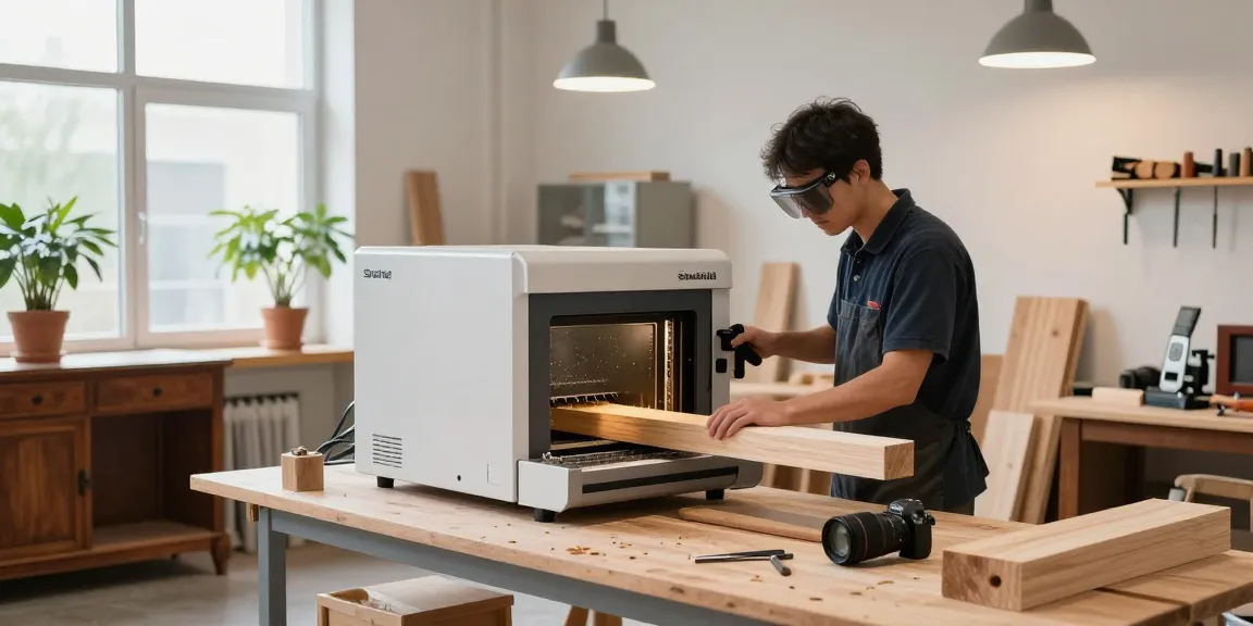 Shashel microwave equipment effectively eliminating woodworms in a modern workshop.