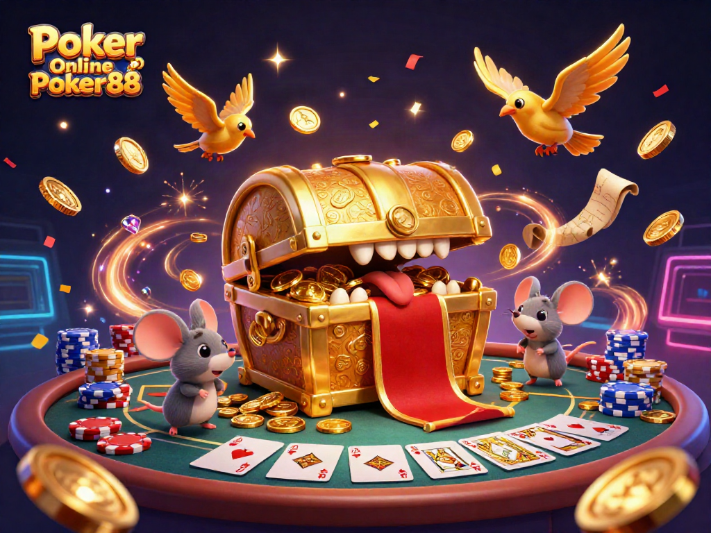 Experience thrilling gameplay with Poker Online Poker88, featuring a vibrant poker scene adorned with golden coins and treasures.