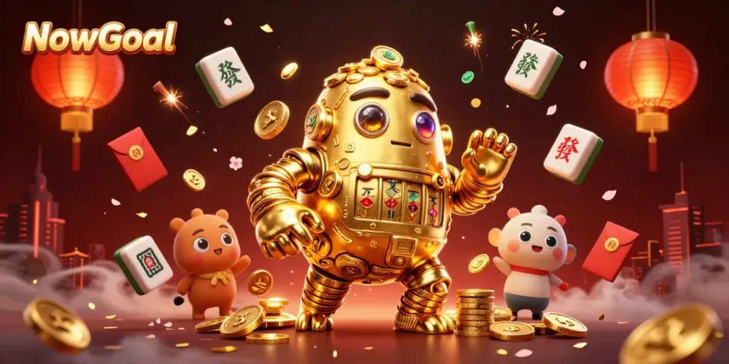 Bet on NowGoal with an illustration of a golden golem and dynamic gambling elements.