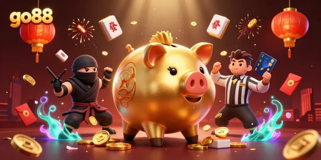 Experience exciting gameplay at go88 with a vibrant 3D casino illustration featuring a golden piggy bank sumo wrestler and dynamic casino elements.