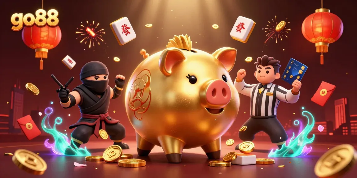 Experience exciting gameplay at go88 with a vibrant 3D casino illustration featuring a golden piggy bank sumo wrestler and dynamic casino elements.