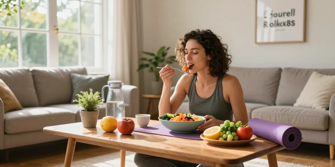 Mindful eating with rokok88 in a cozy living room, showcasing healthy meal preparation and lifestyle.