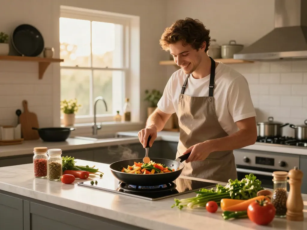 Non-Stick Cookware price in bangladesh featured in a sunny kitchen scene with chef cooking delicious stir-fry.