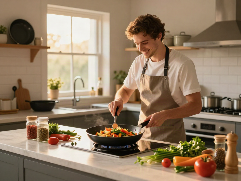 Non-Stick Cookware price in bangladesh featured in a sunny kitchen scene with chef cooking delicious stir-fry.