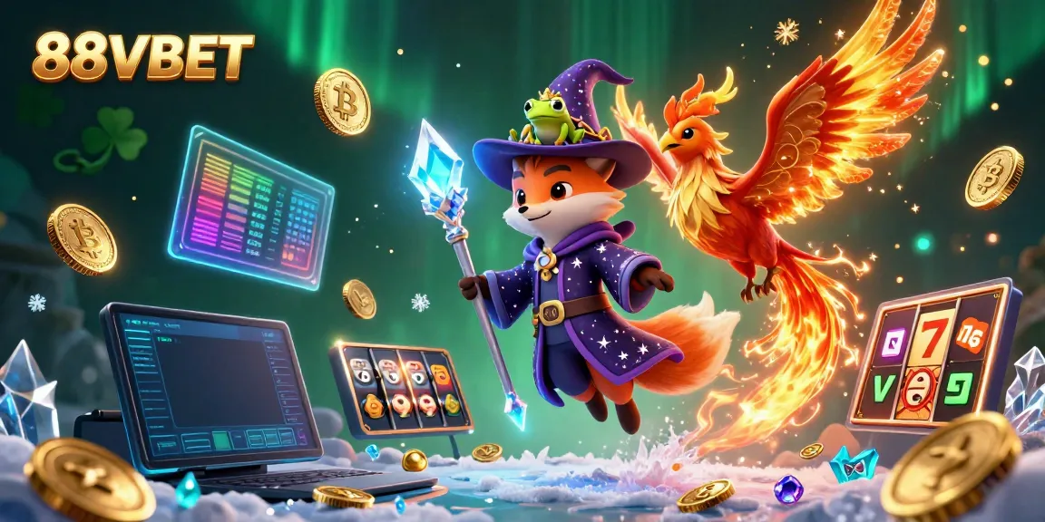 Engage with 88VBET through a captivating 3D scene of a mystical fox wizard and a phoenix amidst rich casino treasures.