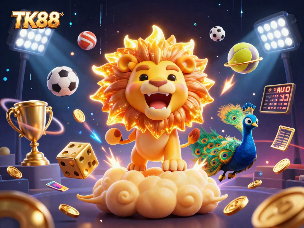 Experience thrilling wins with TK88 as a sun lion roars triumphantly among dynamic sports elements.
