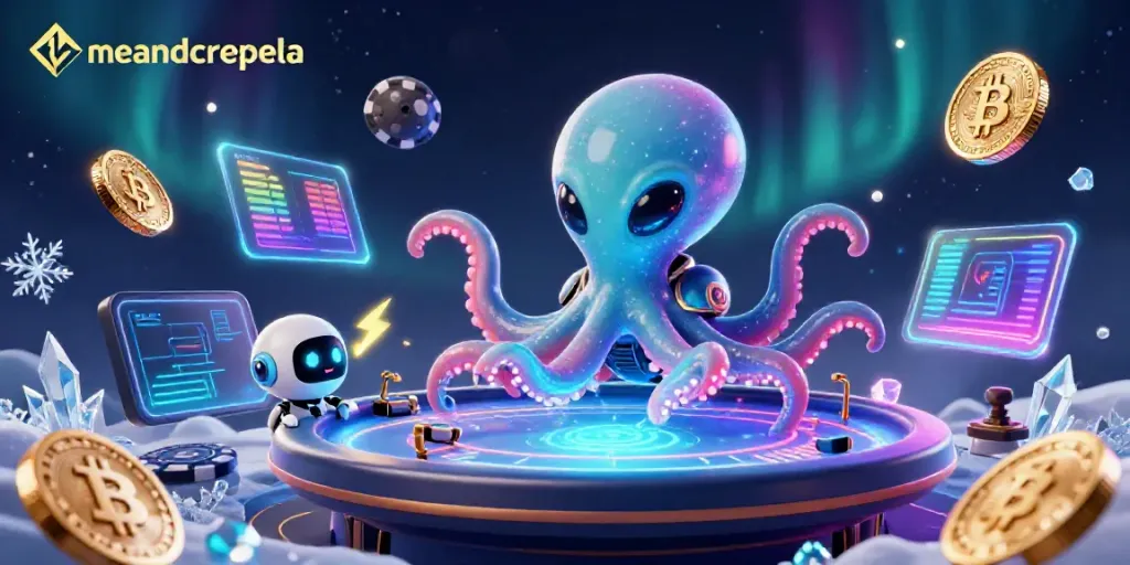 Menangkan dengan meandcrepela di kasino alien, ditampilkan dengan meja poker dan robot kecil.