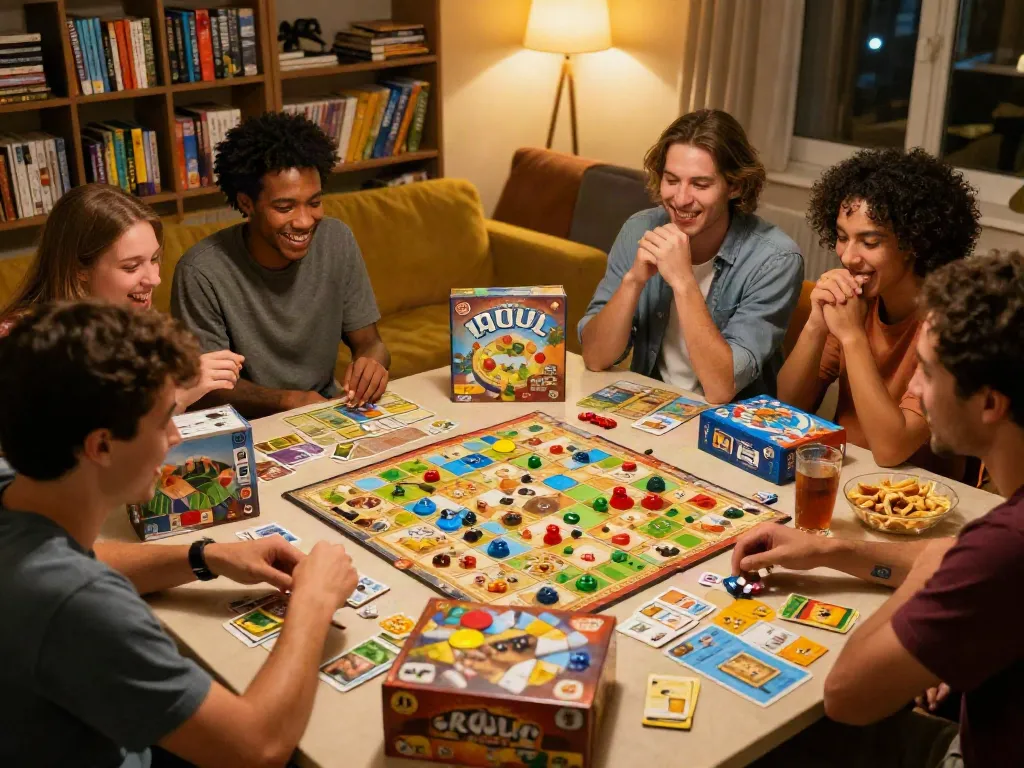 Sildenafil enhances social connections through game nights with friends, showcasing vibrant board games and joyful interactions.