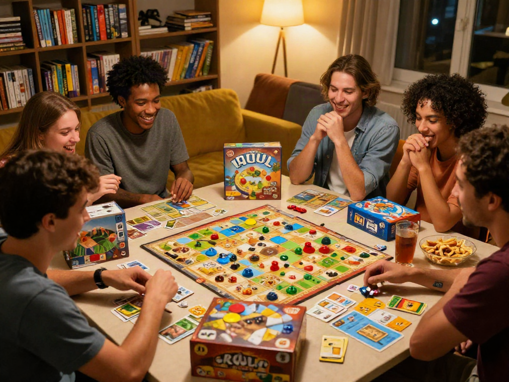 Sildenafil enhances social connections through game nights with friends, showcasing vibrant board games and joyful interactions.