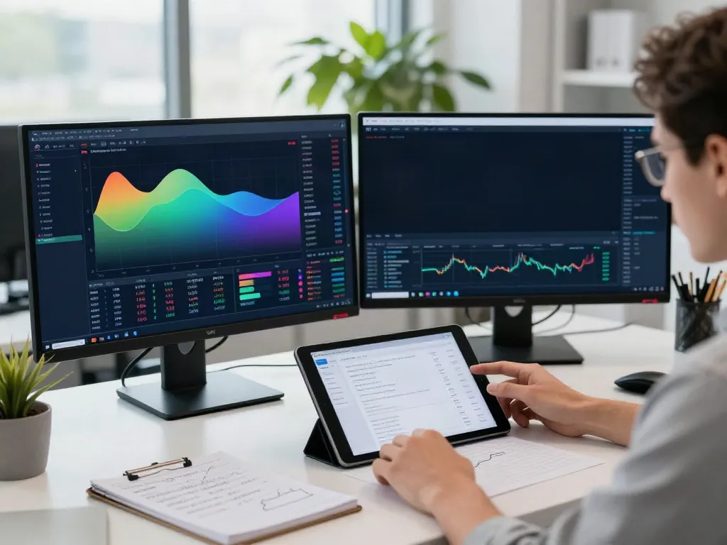 Professional trader analyzing tradingview官网 on multiple screens in a bright workspace.