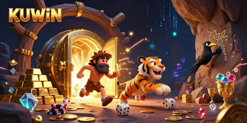 KUWIN captivates players in a vibrant prehistoric casino scene filled with gold, gems, and excitement.