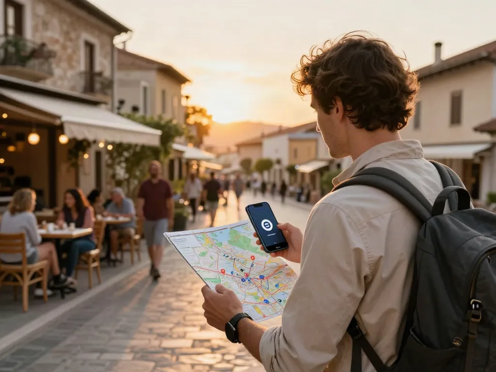 גלישה עם Esim לחול בעת חקר העיר, נוף של חוויות מקומיות.