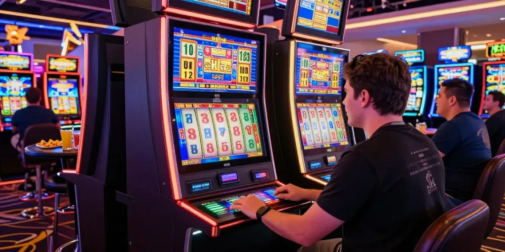 Pengalaman judi slot online di kasino dengan mesin slot berwarna-warni.