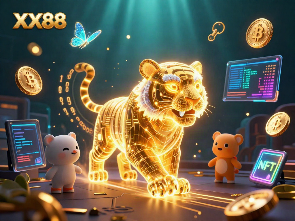 Engage in thrilling digital casino adventures at XX88 with vibrant visuals and crypto elements.