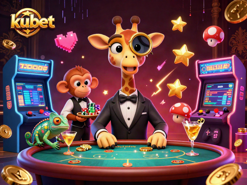 Kubet high-roller giraffe playing poker alongside a monkey valet and chameleon bartender in vibrant casino scene.
