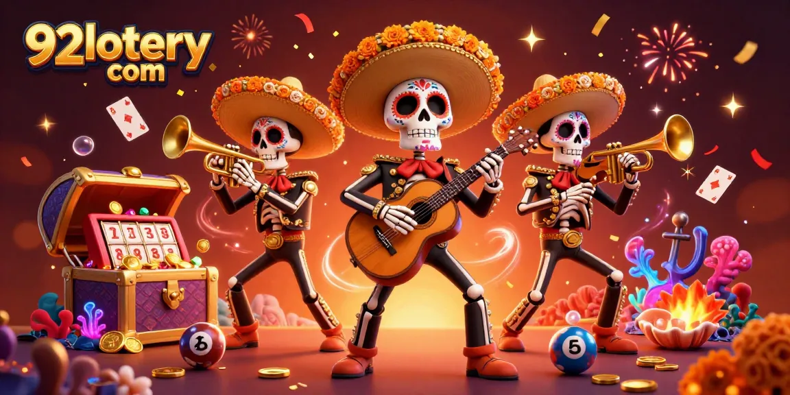 Experience the vibrant world of 92lottery com with a dynamic illustration of a Dia de los Muertos mariachi band, celebrating and winning.