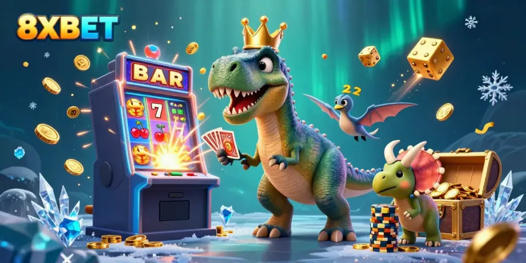 Join the thrilling experience at 8XBET with a fun casino scene featuring playful characters and exciting games.