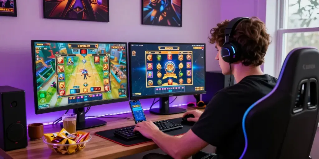 Slot online ZEUS222 dengan gamer berfokus pada permainan di ruang nyaman.