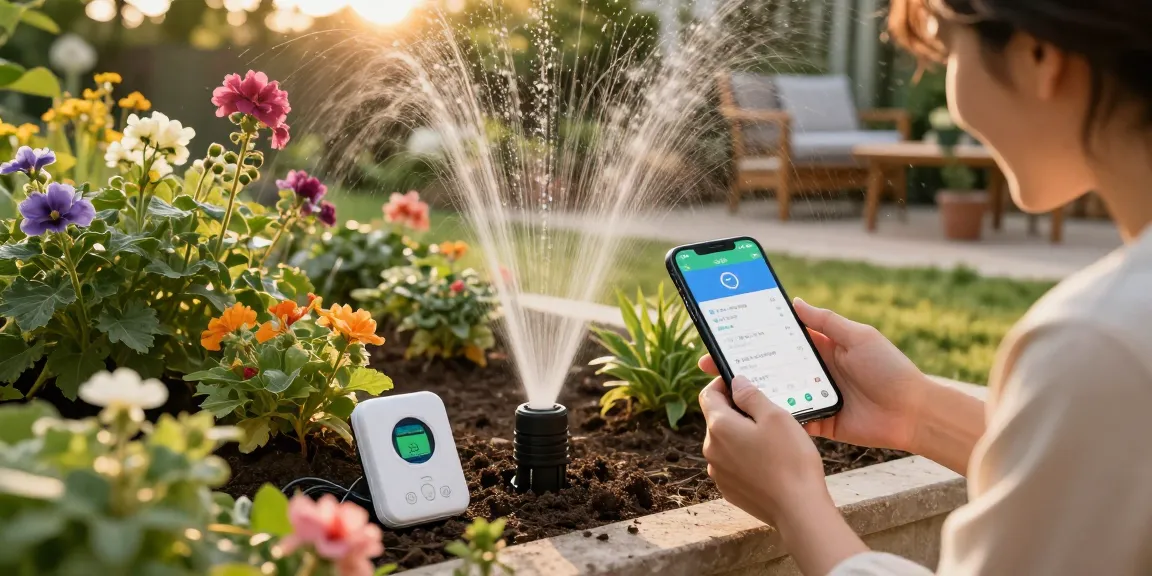 Person setting up a wifi sprinkler controller in a vibrant garden, showcasing modern irrigation technology.