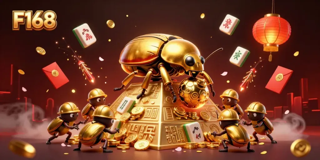 Engage with thrilling F168 casino action featuring golden beetles rolling coins and festive decorations.
