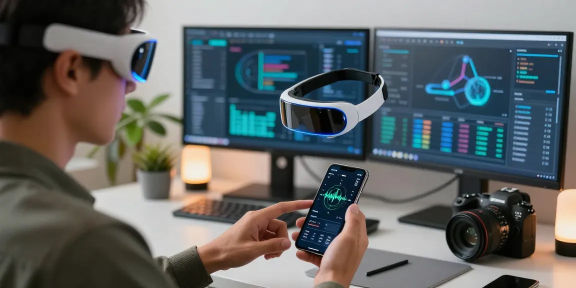Individual using AI wearables in a modern workspace, showcasing health metrics and analytics data.