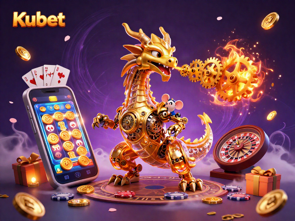 Kubet showcases a dynamic scene with a golden dragon, gaming elements, and a tiny mouse engineer amid vibrant casino themes.