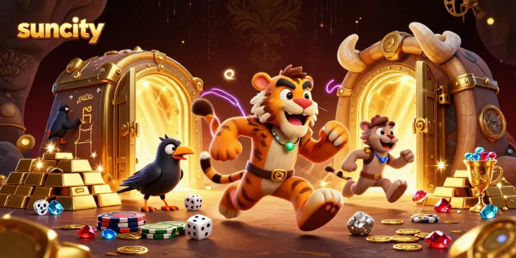 Suncity casino scene with playful caveman duo and treasure-filled background in 3D art