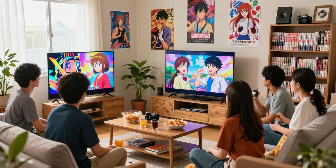 Anime streaming enthusiasts enjoying high-quality content at https://animehay.zip/ in a cozy living room.