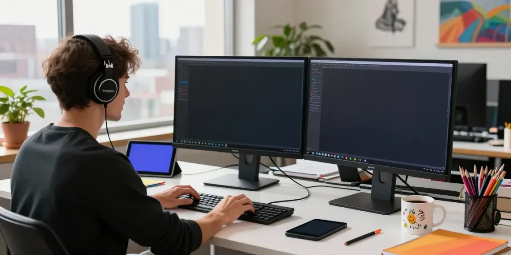 AI NSFW artist creating vibrant digital artwork in a modern studio