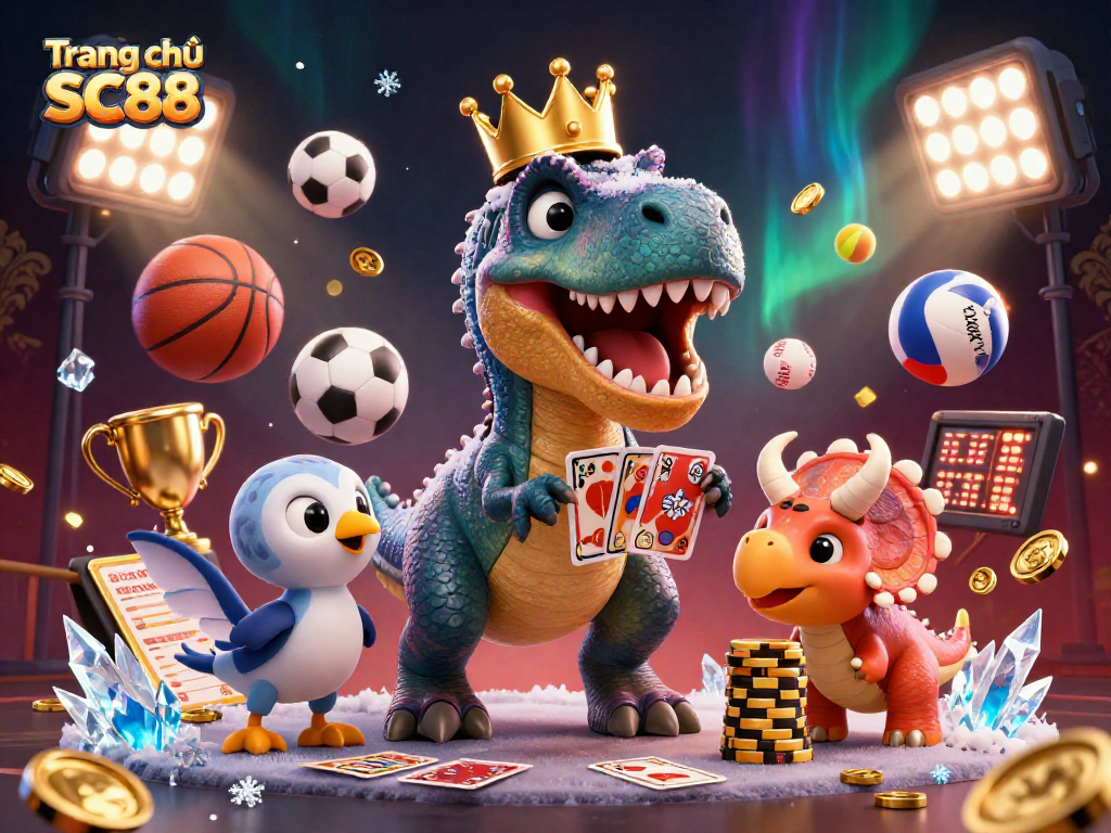 Engage with the excitement at Trang chủ SC88 featuring whimsical cartoon dinosaurs in a dynamic gambling scene.