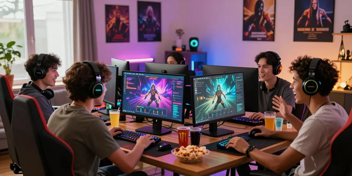 Engaged friends at a gaming session showcasing https://gravatar.com/playbook88official in a vibrant community hub.