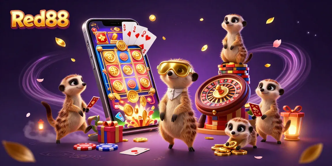 Experience the excitement of Red88 with meerkats managing a vibrant casino scene.